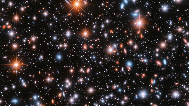 Distant galaxies shimmer in the cosmic darkness, illuminated by the light of countless stars, a breathtaking celestial panorama. photo