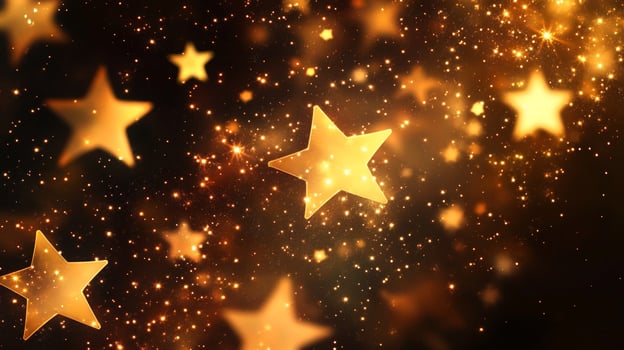 Radiant stars illuminate the dark sky, casting a warm golden glow. A celestial dance of light and shadow creates a magical ambiance. photo