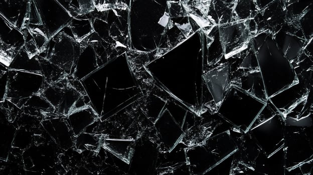 Shards of glass, like shattered reflections of reality, scattered on a dark surface. Sharp edges and fractured surfaces reflect the light. photo