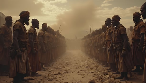 the men in the desert are standing in a line photo