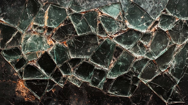 Shattered glass pane, an intriguing study of destruction and geometric patterns. The dark background shows broken glass pieces. photo