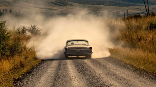 A Classic Car Churning Up Dust on a Gravel Road photo
