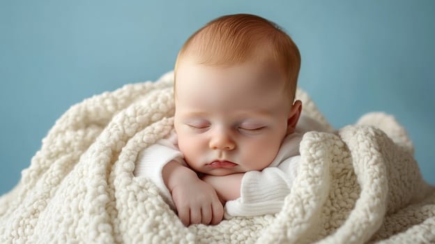 Peaceful slumber of a baby swaddled in a soft, fluffy blanket, set against a calming blue backdrop, creating a serene and heartwarming scene. photo