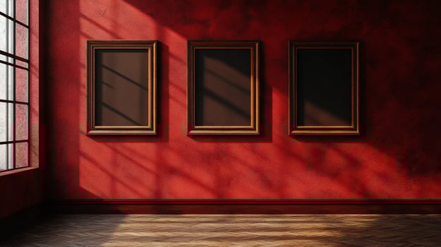 Gallery wall with three framed artworks. The red wall and herringbone floor are lit by sunlight streaming through the window. Interior space. photo