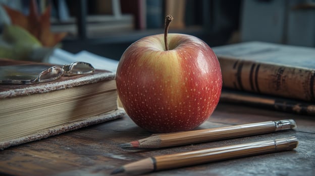 Red Apple, Pencils, and Old Books on a Wooden Table photo
