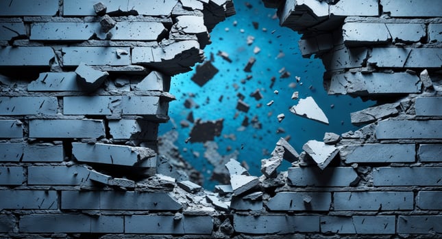 A blue hole in a brick wall with a blue light photo