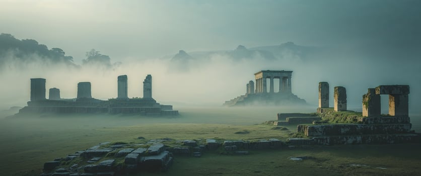 Ancient ruins in the fog with trees and mountains photo
