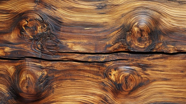 Detailed closeup of aged wood featuring intricate knot patterns and a rich, warm tone, showcasing the natural beauty of the grain. photo