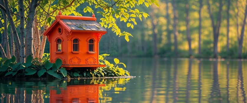 A small orange house sits on the edge of a lake photo