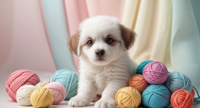Cute Puppy Sitting Next to Colorful Yarn Balls on a Soft Pastel Background. photo