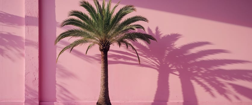 Leafy green palm tree casts a shadow on a pink wall. photo