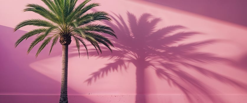 Leafy green palm tree casts a shadow on a pink wall photo