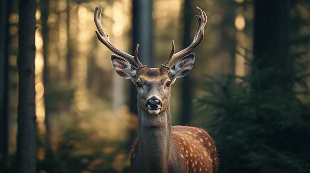 Majestic deer staring intently in a serene forest setting, highlighting the animal's beauty amidst nature's tranquil backdrop. photo