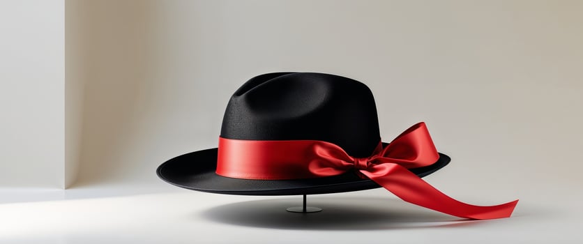 Black hat with a red ribbon tied around it photo