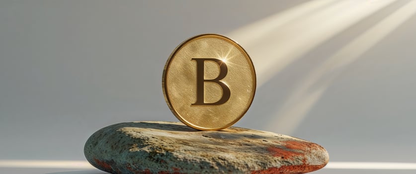 A gold coin with the letter B on it is laying on a rock photo