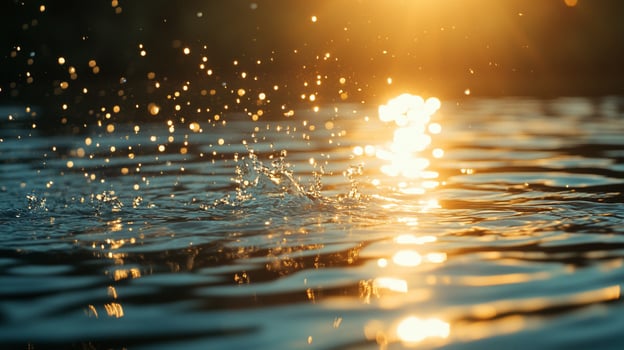 Golden hour light glistening and splashing on water. The sun's rays create bokeh in the serene environment. Ripples and droplets. photo