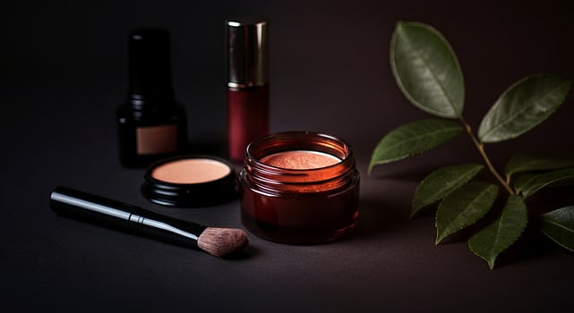 Warm and sophisticated beauty essentials on a sleek surface. The glowing makeup collection invites indulgence photo