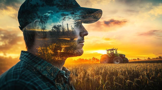 Farmer in wheat field with tractor at sunset, reflecting rural life and agricultural heritage in a dreamy and inspiring scene. photo
