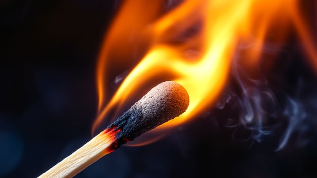 A match bursts into flame, illuminating the darkness with bright orange and yellow hues. The match head glows with intense heat. photo