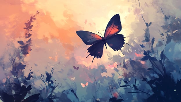A butterfly glides among wildflowers under a colorful sky in this serene, artistic illustration conveying freedom and natural beauty. photo