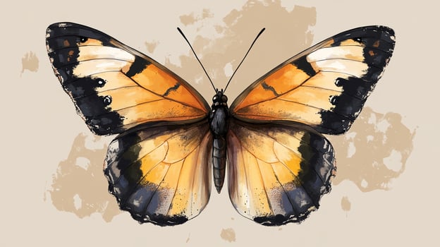 Watercolor butterfly with wings spread, showcasing a mix of orange, yellow, and black hues, creating a vibrant insect illustration. photo