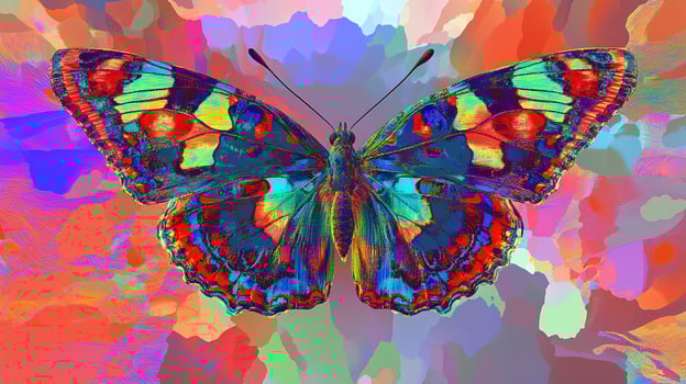A digitally enhanced butterfly with intricate patterns, bathed in vibrant colors, resting against a background of abstract hues. photo
