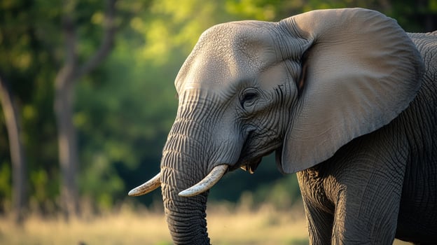 Majestic elephant portrait in natural habitat. Detailed skin texture, large ears, and ivory tusks showcase the beauty of wildlife. photo