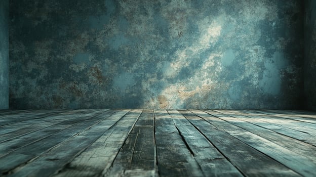 A weathered wall and worn wooden floor create a rustic, textured backdrop. Moody lighting accentuates the aged surfaces and adds depth. photo