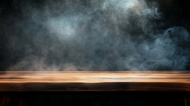 An atmospheric photograph shows a wooden surface shrouded in rising wisps of smoke, set against a dark and mysterious backdrop. photo