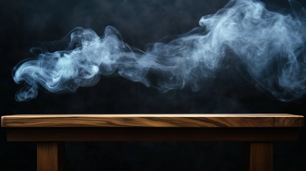 A wooden surface serves as a stage for swirling smoke against a dark background, creating a captivating blend of natural elements. photo