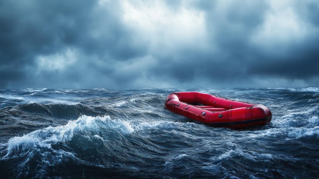 Red Inflatable Raft Adrift in Rough Seas photo