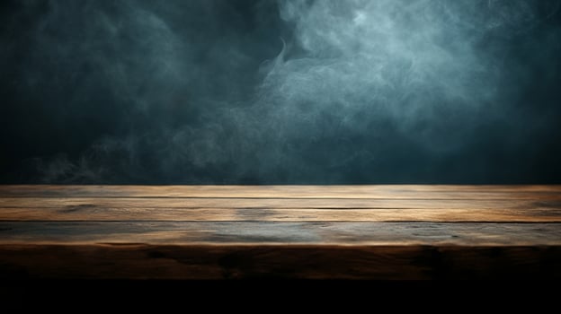 Mysterious wooden surface backdrop against smoke. Perfect for showcasing products with an ethereal or spooky vibe, ideal for seasonal themes. photo