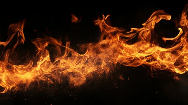 Dynamic flame display with vibrant orange hues, dancing across a stark black background, evoking heat and intensity. Fiery artistic display. photo