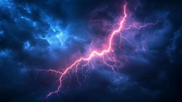 A vivid pink lightning bolt strikes across a dark blue sky filled with ominous clouds, showcasing nature's raw power during a thunderstorm. photo