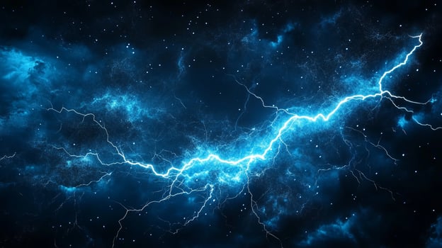 Striking image of a vibrant electric blue lightning bolt stretching across a dark, star-speckled night sky, illuminating the cosmic scene. photo