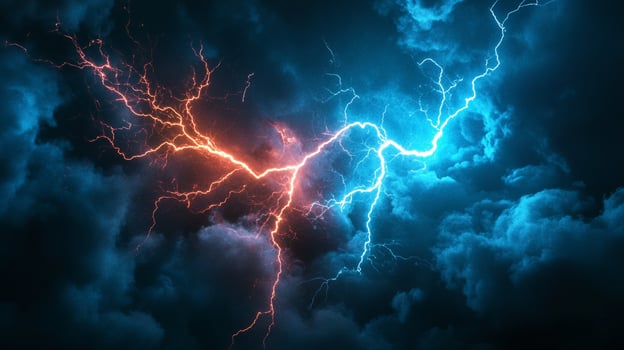 Dramatic sky illuminated by a fierce lightning storm, with strikes of orange and blue cutting through the night, stormy clouds. photo