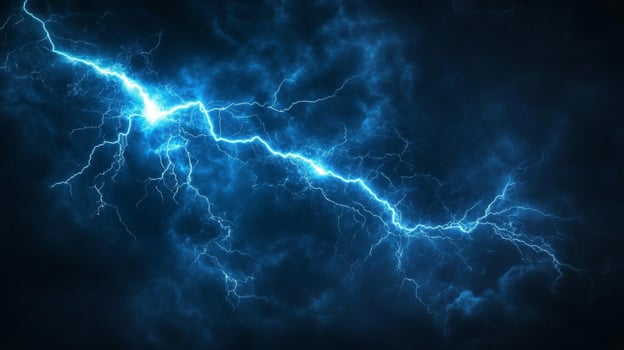 Vivid streaks of electric blue lightning illuminate a dark, stormy sky, showcasing the raw power and beauty of nature's most dramatic displays. photo
