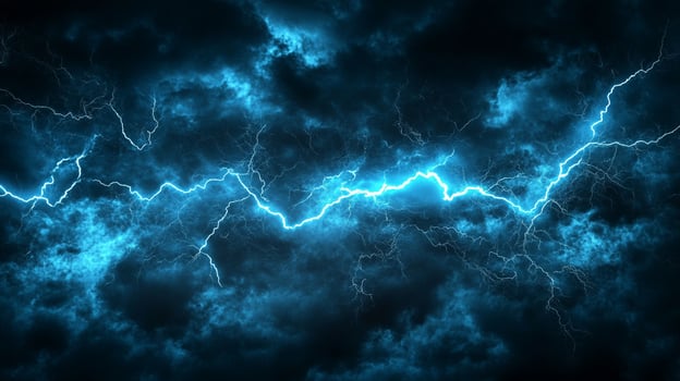 Striking blue lightning bolts illuminating a turbulent sky with intense energy and dramatic contrast against dark, stormy clouds. photo