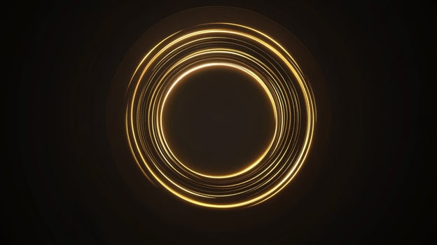 Abstract view of golden rings of light cascading around a circular core, creating visual depth with sharp contrasts and elegant illumination. photo
