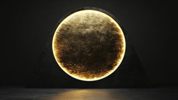 Abstract golden circle artwork featuring a textured surface and ambient lighting, set against a dark, minimalist backdrop, evokes modern elegance. photo