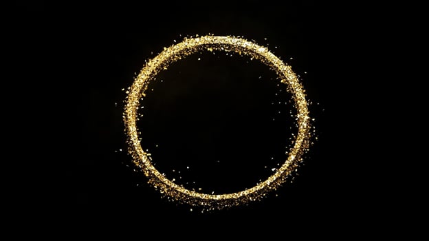 Radiant gold circle, a glittering portal on black, suggesting luxury, celebration, and the allure of something special or magical. photo