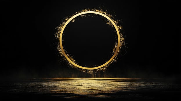 Abstract golden circle hovering over a dark surface, light reflecting off its surface, creating a magical and mysterious atmosphere. photo
