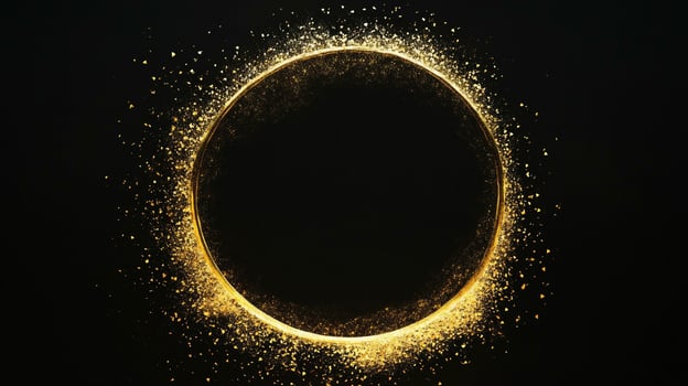 A captivating golden circle shimmers against a black background, exuding elegance and luxury, with glittering particles adding a touch of magic. photo