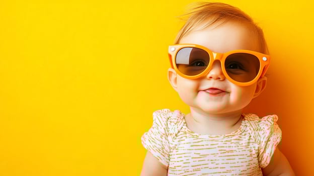Adorable baby with cool shades against a bright yellow background. Cheerful, playful and fun childhood innocence captured in one snapshot. photo