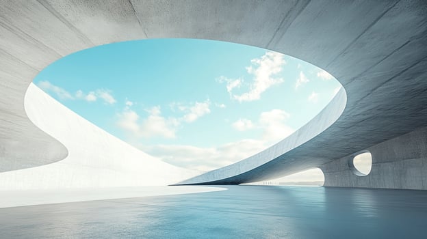 Architectural marvel showcasing a concrete structure with an expansive circular opening to the bright sky and distant skyline. photo