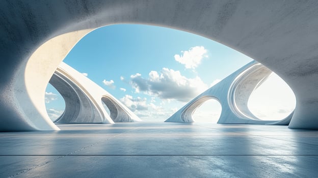 Modern architecture with large, concrete arches framing the sky. A minimalist landscape with a sense of openness and architectural beauty. photo