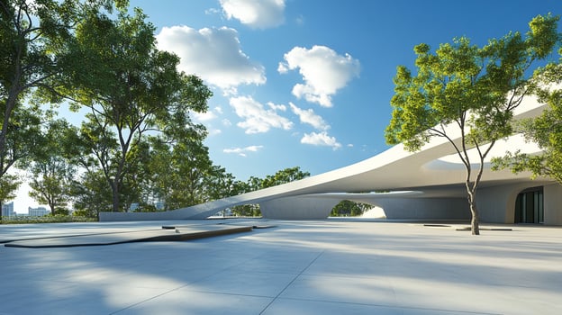 Futuristic building with a flowing white design, complemented by the surrounding trees under a bright blue, partly cloudy sky. photo