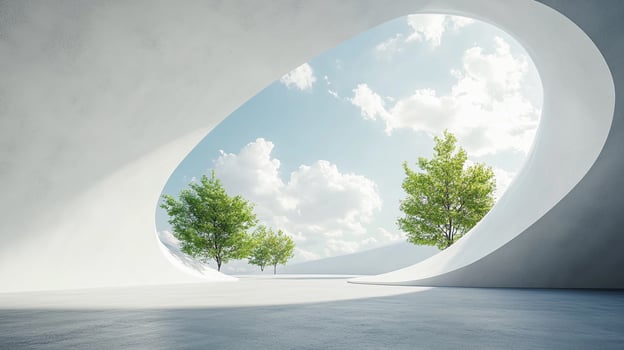 Serene scenery featuring a striking architectural frame highlighting distant trees against a bright, cloudy sky, radiating peace and openness. photo