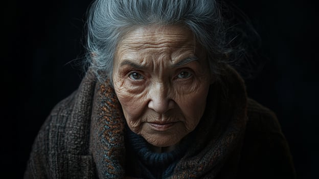 Elderly woman with gray hair and intense gaze, conveying wisdom, resilience, and a life lived. Close-up on dark background for dramatic effect. photo