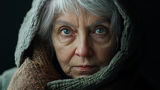Elderly woman's portrait. Intense gaze, gray hair. Dark background. Hooded. Expression of resilience and wisdom, etched by time. photo